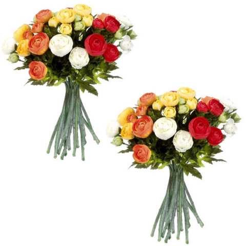 2x stuks oranje/wit Ranunculus/ranonkel kunstbloemen boeket 35 cm -
