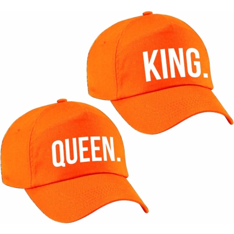 2x oranje baseballcaps met King en Queen tekst -