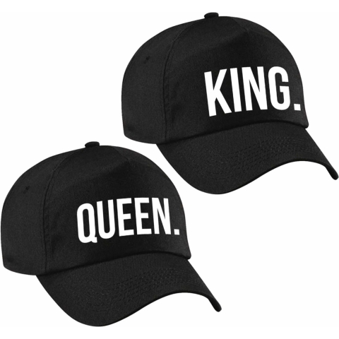 2x zwarte baseballcaps met King en Queen tekst -