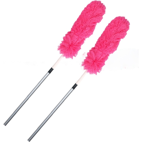 Set van 2x stuks plumeau/duster microvezel met telescoopsteel 75 - 150 cm roze -