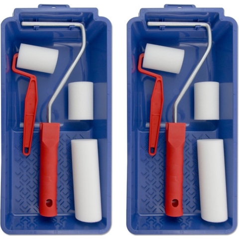 Lakroller schilderset - 3x stuks - 5 en 10 cm - extra fijn - met verfbak en beugel - schuimrollers - -