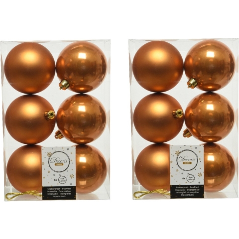 24x stuks kunststof kerstballen cognac bruin (amber) 8 cm glans/mat -