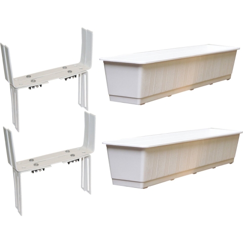 Set van 2 kunststof plantenbakken wit rechthoekig 80 cm met 4 verstelbare balkon/muurbeugels -