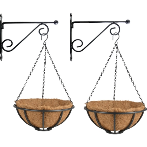 Set van 2x stuks Hanging baskets 30 cm met muurhaken - metaal - complete hangmand set -