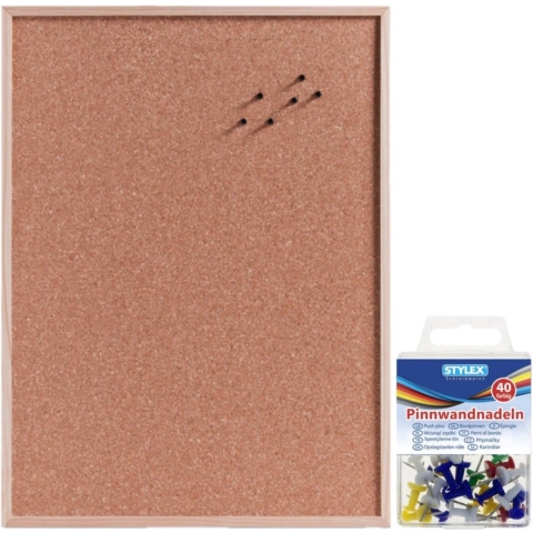 Prikbord van kurk 60 x 80 cm met 40 gekleurde punaises -