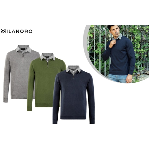 Milanoro - Herenpullover met overhemdkraag en halve rits - Grijs - XXL