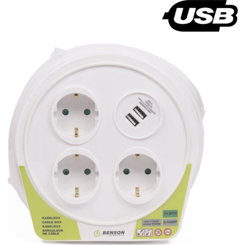 Benson Kabelhaspel/kabelbox - 10 meter - 3-voudig - stopcontacten geaard - USB - 2300 Watt/230v -