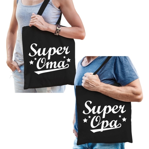 Super Opa en Oma tasje zwart - Cadeau tassen set voor Opa en Oma -