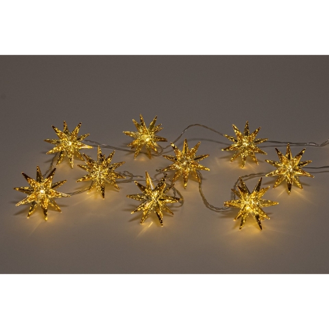 Lichtsnoer - met 10 3D sterren 6,5 cm - goud - 150 cm - kunststof -
