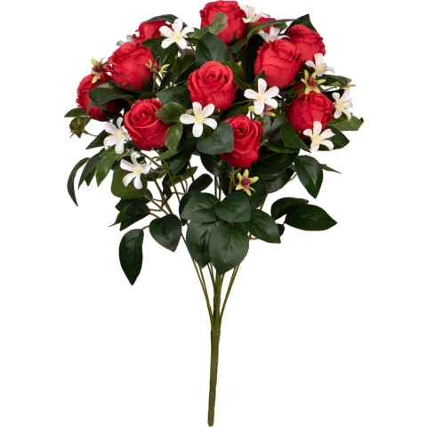 Kunstbloemen boeket rozen met bladgroen - rood - H49 cm - Bloemstuk -