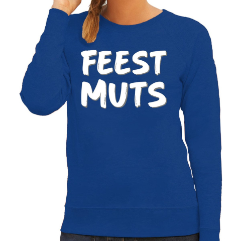 Feest muts sweater / trui blauw met witte letters voor dames M -