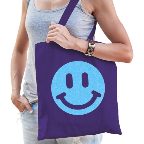 Cadeau tas voor dames - glitter Smile Emoticon - paars - katoen - 42 x 38 cm - Moederdag - verjaarda -