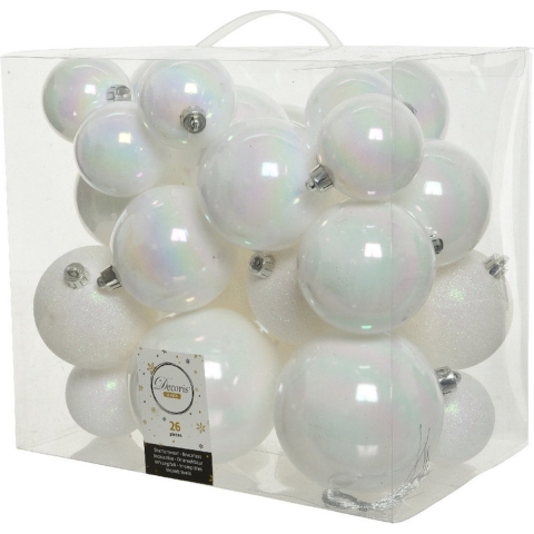 Kerstballen - 26x st - parelmoer wit - 6-8-10 cm - kunststof - kerstversiering -