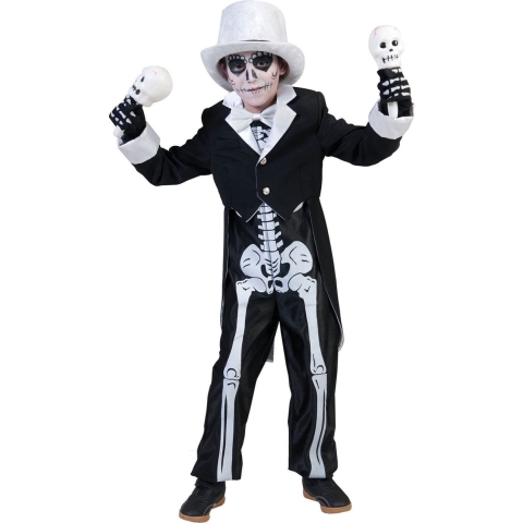 Skelet verkleed kostuum voor kinderen - 2-delig - zwart/wit - Halloween/carnaval verkleedkleding 152 (12 jaar) -