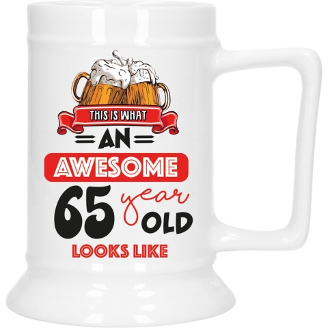 Cadeau Bierpul voor 65 jaar - rood - grappige leeftijd bierpul - keramiek - 530 ml -
