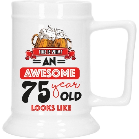 Cadeau Bierpul voor 75 jaar - rood - grappige leeftijd bierpul - keramiek - 530 ml -