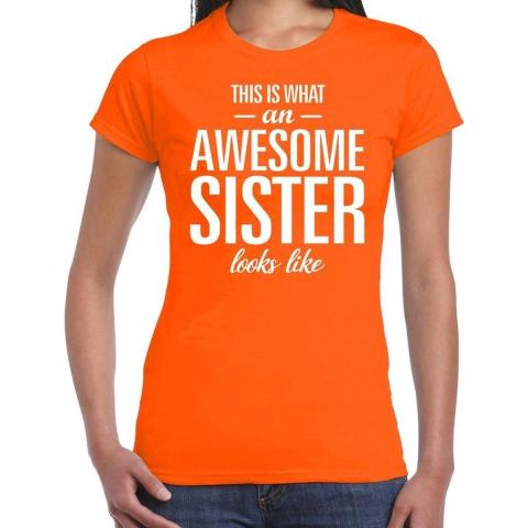 Awesome sister tekst t-shirt oranje dames M -