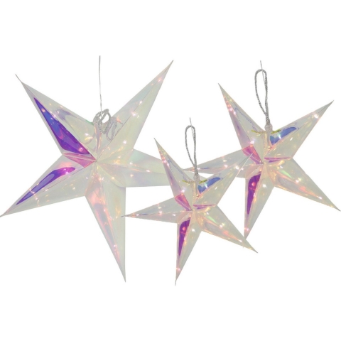 Verlichte kerststerren - 3x st - 26, 34 en 53 cm - zilver - iriserend - op batterijen - led -