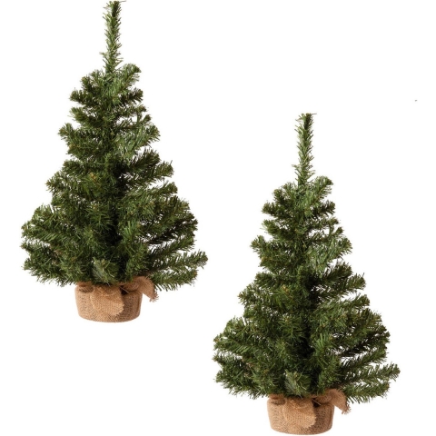 Set van 2x stuks volle kerstbomen in jute zak 60 cm kunstbomen -