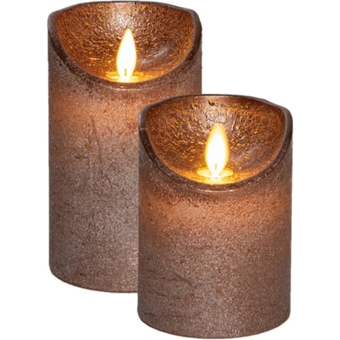 LED kaarsen/stompkaarsen - 2x st - brons - D7,5 cm - wax - warm wit - bewegende vlam -