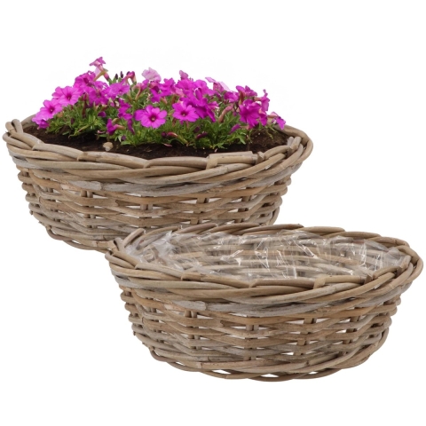 Plantenmand/aardappelmand tafelmodel - 2x - Ivy - met binnenzak - rotan - B35 x H13 cm - binnen/buit -