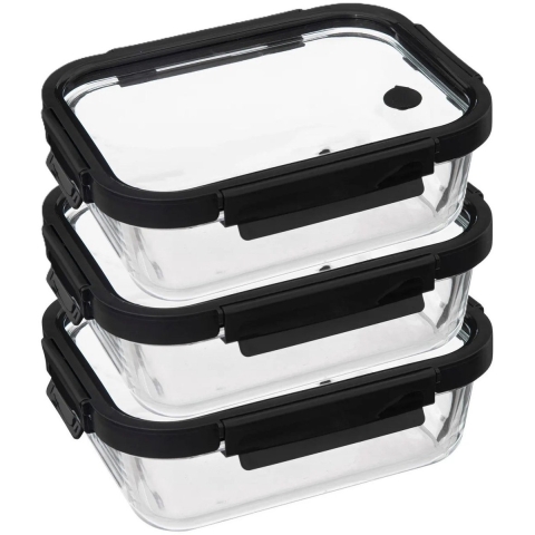 5Five Vershoudbakje met deksel - 3x - glas - luchtdicht - met clips - 23 x 18 x 8 cm - 1300 ml -