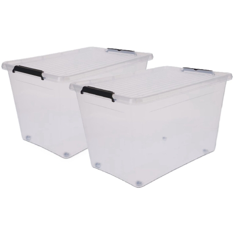 5Five opberg kist met deksel - 2x - Clip Box - 60 liter - 58 x 39 x 35 cm - kunststof - transparant -