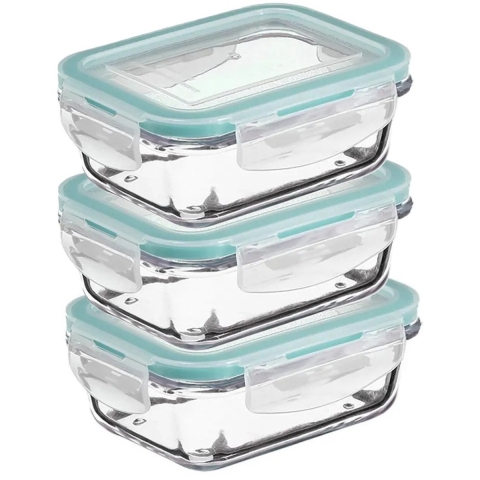 5Five Vershoudbakje met deksel - 3x - glas - luchtdicht - met clips - 18 x 12 x 6 cm - 800 ml -