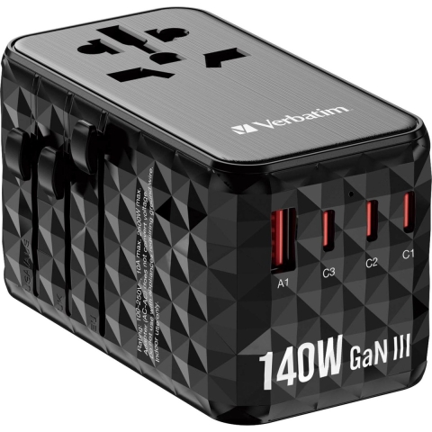 Verbatim UTA-10 GaN III Reislader 140 W 1x USB-A, 3x USB-C USB PD, USB PD 3.1, QC 3.0, QC 4+, PPS, Fast Charge, SuperCharge, Adaptive Fast Charge Zwart, Grijs