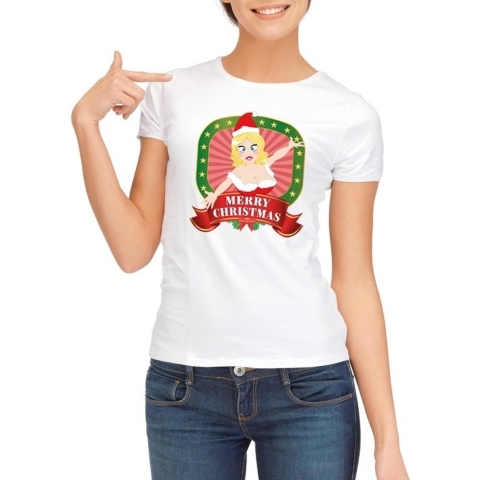 Foute kerst t-shirt wit merry christmas voor dames XL -