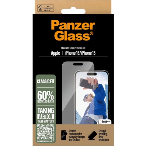 PanzerGlass Classic Fit 2873 Screenprotector (glas) Apple iPhone 16, iPhone 15 1 stuk(s) Anti-vingerafdruk, Krasvast