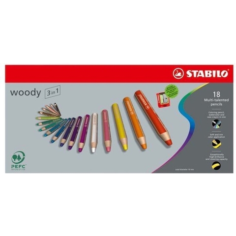 Woody 3in1 Box etui kleurpotloden, 18 stuks