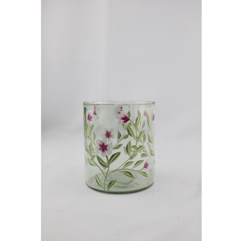 Windlicht glas met roze bloemen 13x13x15cm