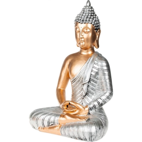 Boeddha beeld - zilver - 35 cm - polystone - voor binnen - boeddhabeeldje -