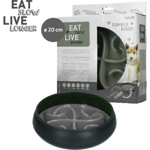 Eat Slow Live Longer Tumble Feeder – Voerbak – Anti-schrok bak voor honden – Slowfeeder met beweging – Trager eten voor je huisdier - Grijs - ø 20 cm