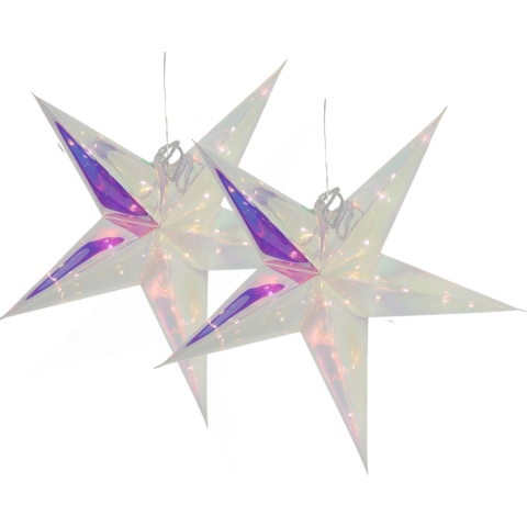 Verlichte kerststerren - 2x - zilver - iriserend- 53 cm - op batterijen - 20 led lampjes -