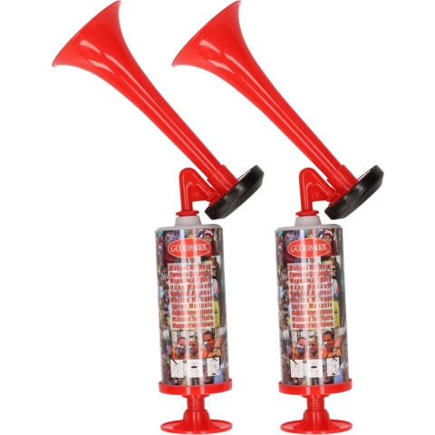Station toeter - 2x - rood - hand/lucht pomp - luchthoorn - voetbal supporter -