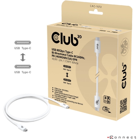 club3D USB-C-kabel USB 4.0 USB-C stekker 1.20 m Wit CAC-1572