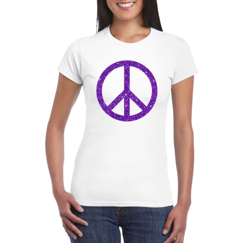 Wit Flower Power t-shirt paarse glitter peace teken dames S -