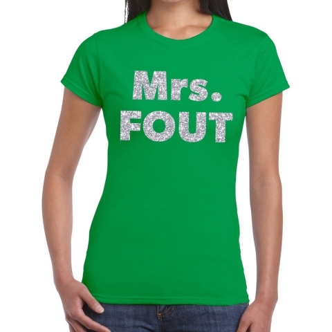 Mrs. Fout zilver glitter tekst t-shirt groen dames XS -