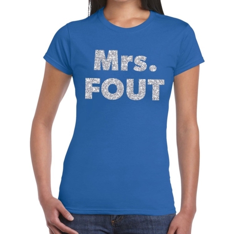 Mrs. Fout zilver glitter tekst t-shirt blauw dames M -
