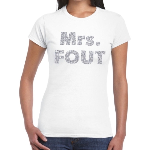 Mrs. Fout zilver glitter tekst t-shirt wit dames 2XL -