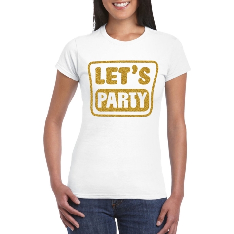 Verkleed T-shirt voor dames - lets party - wit - glitter goud - carnaval/themafeest M -