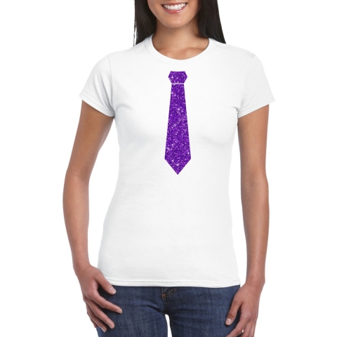 Wit fun t-shirt stropdas met paarse glitters dames XS -