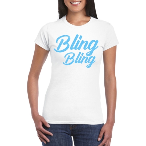 Verkleed T-shirt voor dames - bling - wit - blauw glitter - glitter and glamour - carnaval/themafee XS -