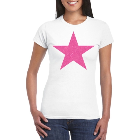 Verkleed T-shirt voor dames - ster - wit - roze glitter - carnaval/themafeest L -
