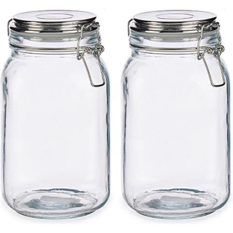 Set van 2x stuks glazen luxe keuken voorraadpotten/voorraadbussen met klepdeksel zilver 1500 ml -