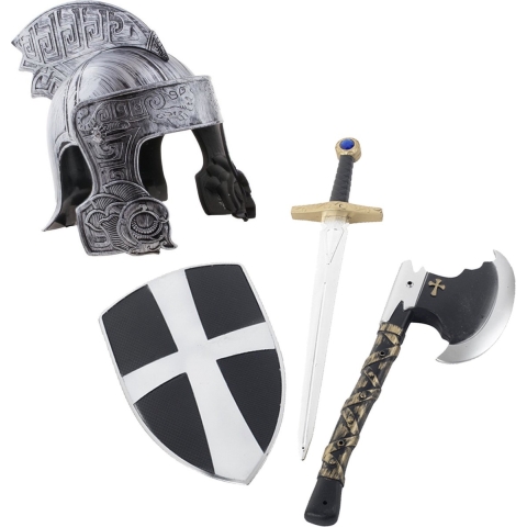 Ridder helm zilver-kleurig met set ridder speelgoed wapens -