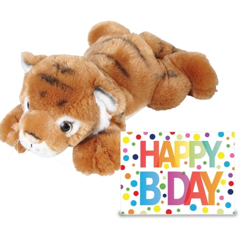 Verjaardag cadeau tijger 25 cm met XL Happy Birthday wenskaart -