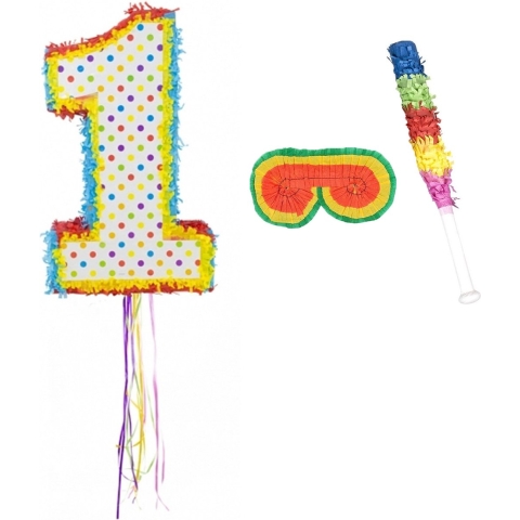 Verjaardag Pinata nummer 1 van 104 x 40 cm - set met stok en masker -